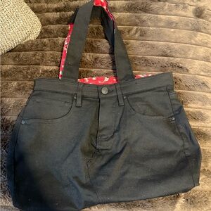 Black Denim Tote Bag with Red Lined Interior